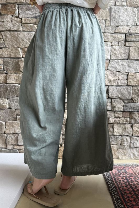 Frame Cotton Shirring Waist Wide Leg Pant Khaki