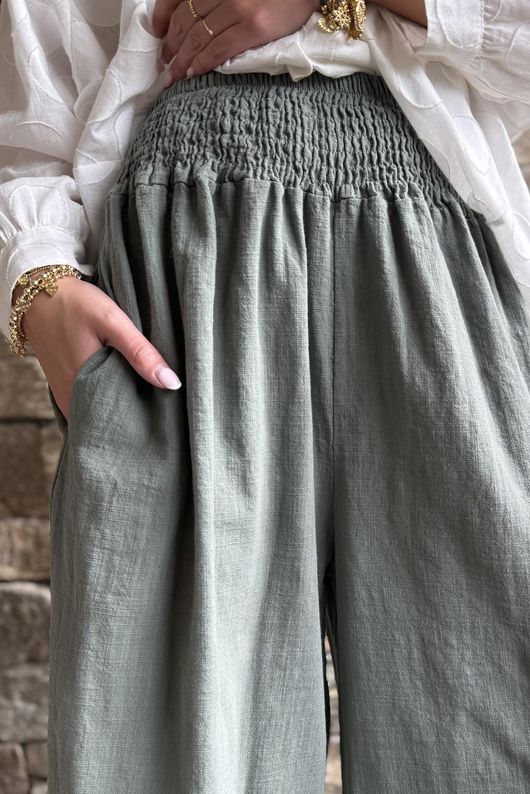 Frame Cotton Shirring Waist Wide Leg Pant Khaki