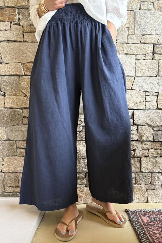 Frame Cotton Shirring Waist Wide Leg Pant Navy