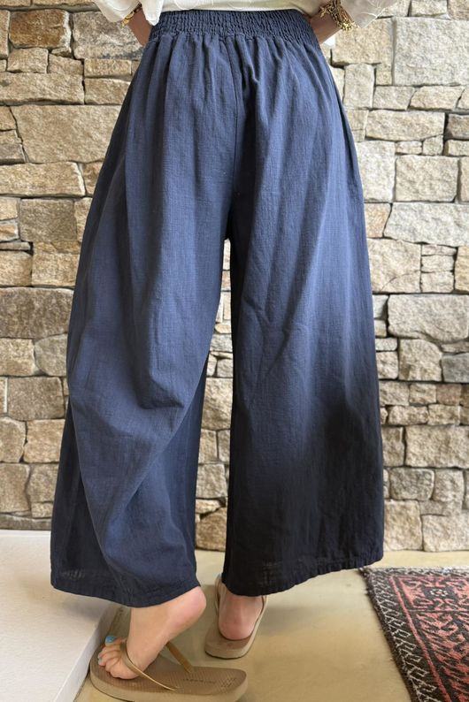 Frame Cotton Shirring Waist Wide Leg Pant Navy