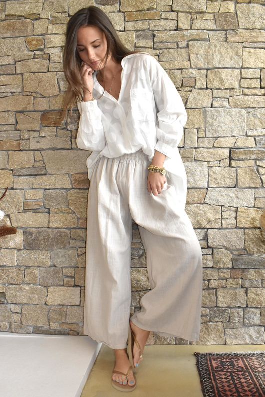 Frame Cotton Shirring Waist Wide Leg Pant Stone /15=