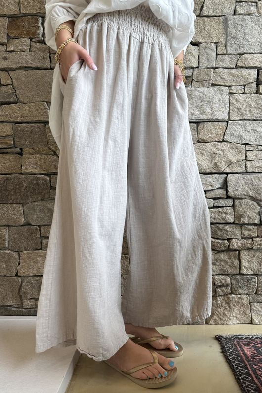 Frame Cotton Shirring Waist Wide Leg Pant Stone