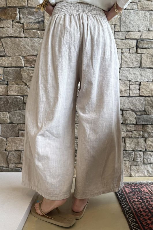 Frame Cotton Shirring Waist Wide Leg Pant Stone