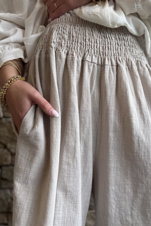 Frame Cotton Shirring Waist Wide Leg Pant Stone