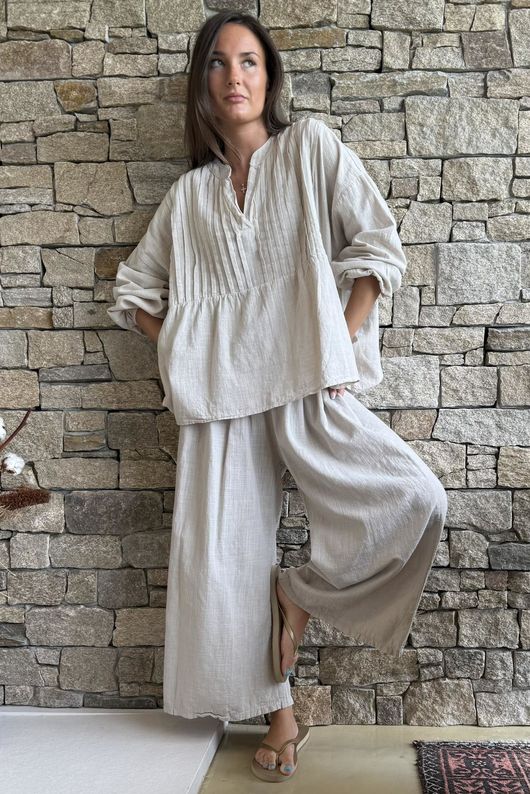 Frame Cotton Shirring Waist Wide Leg Pant Stone