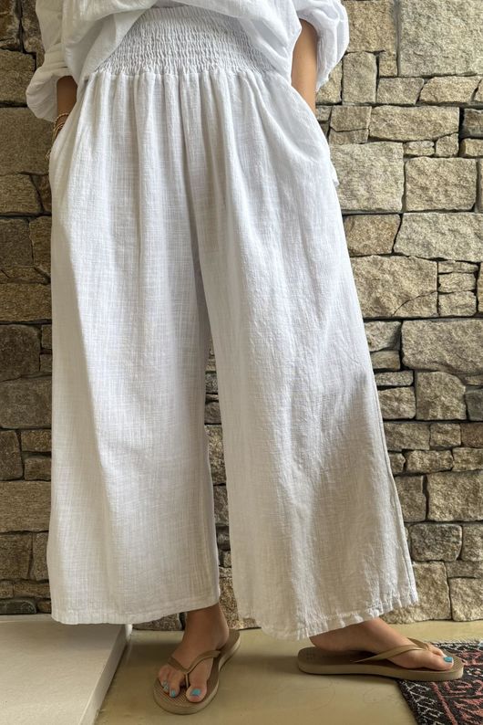 Frame Cotton Shirring Waist Wide Leg Pant White
