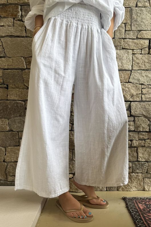 Frame Cotton Shirring Waist Wide Leg Pant White