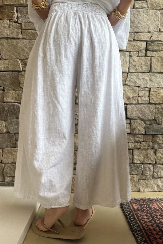 Frame Cotton Shirring Waist Wide Leg Pant White