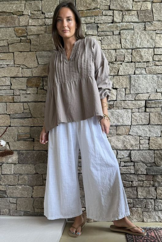 Frame Cotton Shirring Waist Wide Leg Pant White