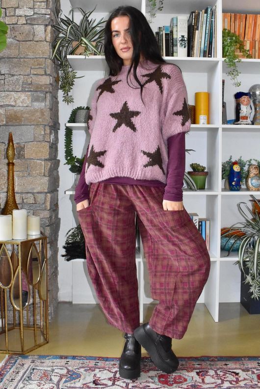 Heritage Needlecord Plaid Relaxed Barrel Pant Aubergine & Indian Pink