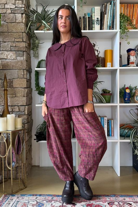 Heritage Needlecord Plaid Relaxed Barrel Pant Aubergine & Indian Pink
