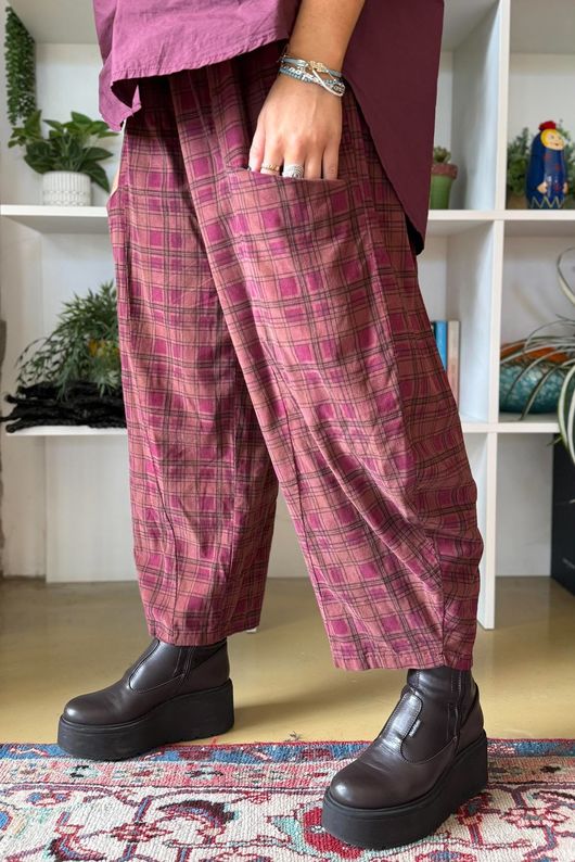 Heritage Needlecord Plaid Relaxed Barrel Pant Aubergine & Indian Pink