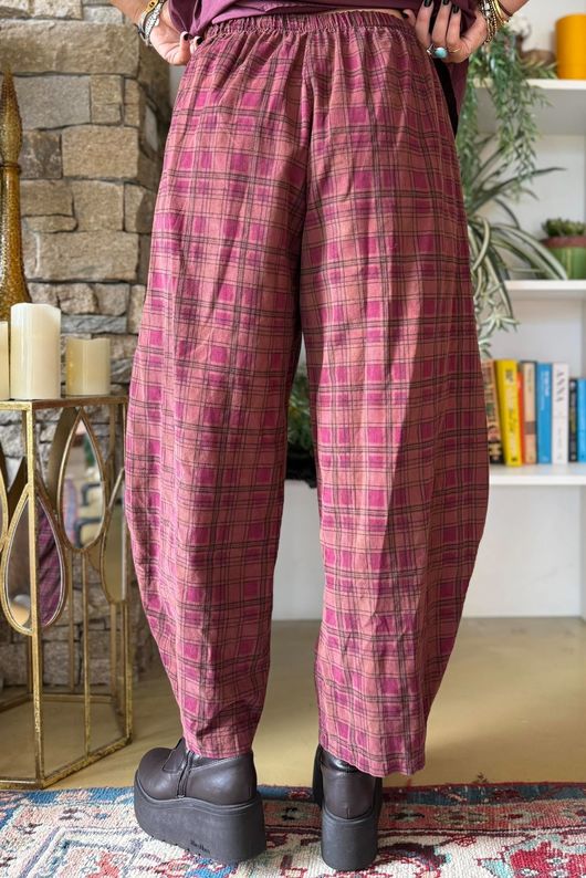 Heritage Needlecord Plaid Relaxed Barrel Pant Aubergine & Indian Pink