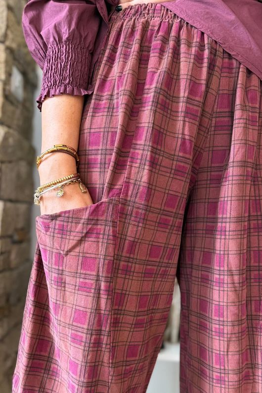 Heritage Needlecord Plaid Relaxed Barrel Pant Aubergine & Indian Pink