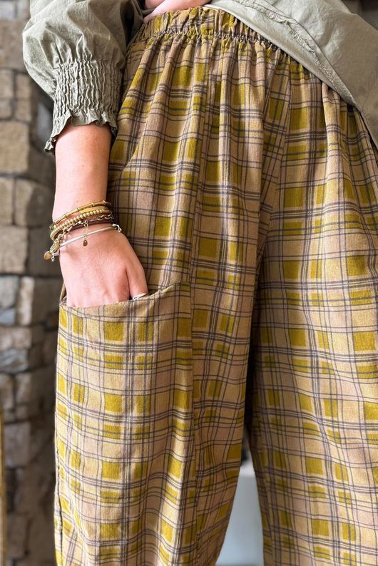 Heritage Needlecord Plaid Relaxed Barrel Pant Mucky Olive & Camel