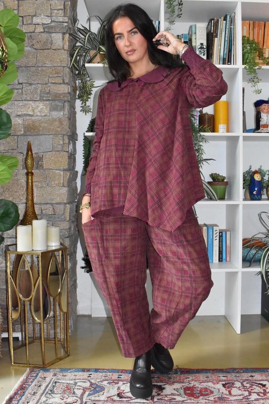 Heritage Needlecord Plaid Swing Top Aubergine & Indian Pink