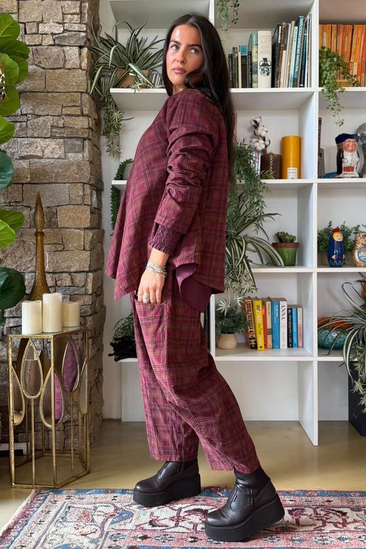 Heritage Needlecord Plaid Swing Top Aubergine & Indian Pink
