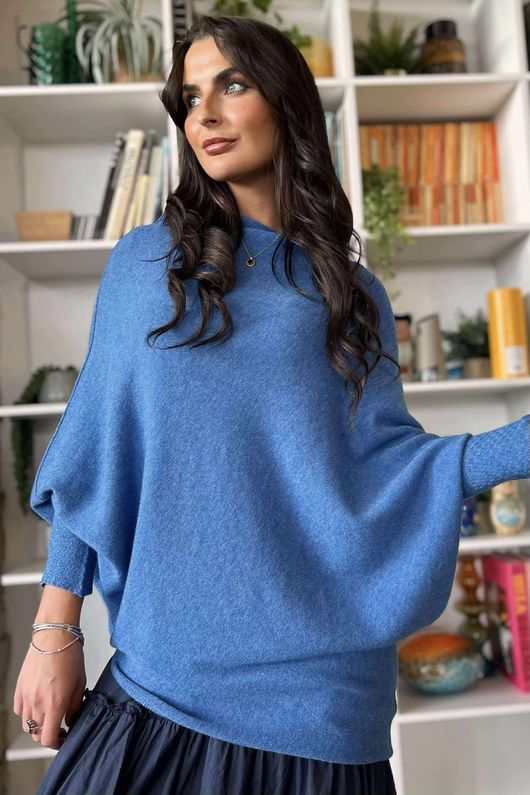 Huggle Asymmetric Draped Knit Jumper Denim Marl
