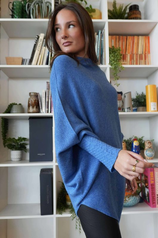 Huggle Asymmetric Draped Knit Jumper Denim Marl