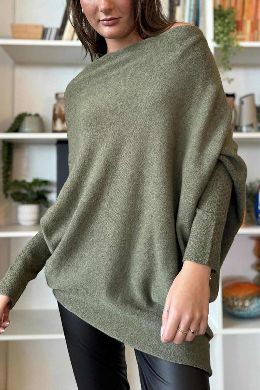 Huggle Asymmetric Draped Knit Jumper Khaki Marl
