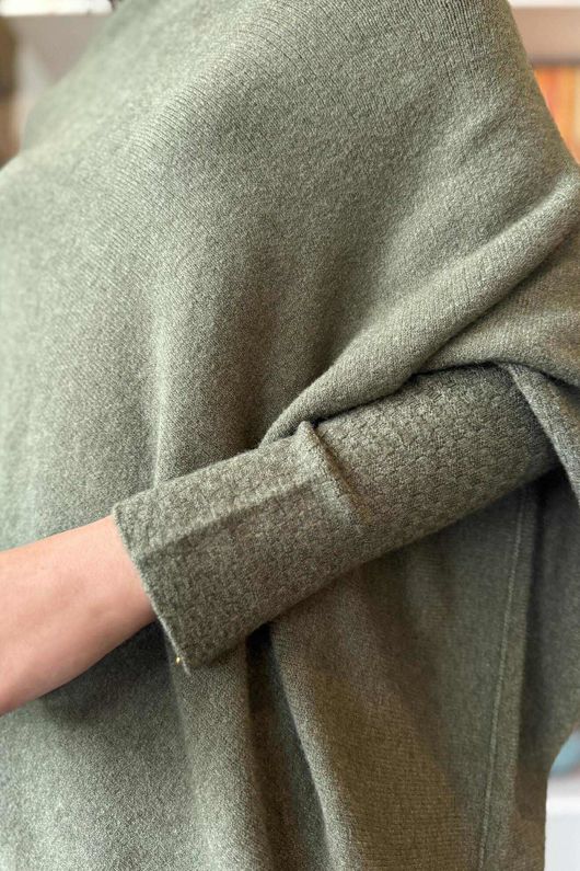 Huggle Asymmetric Draped Knit Jumper Khaki Marl