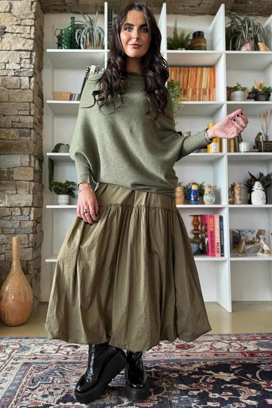 Huggle Asymmetric Draped Knit Jumper Khaki Marl