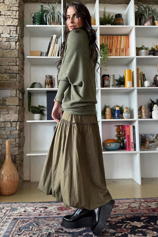 Huggle Asymmetric Draped Knit Jumper Khaki Marl