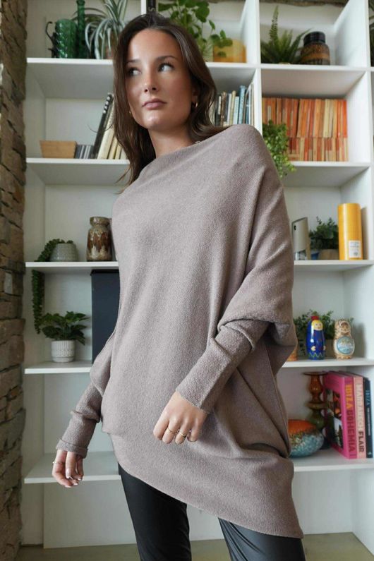 Huggle Asymmetric Draped Knit Jumper Mocha /7 =