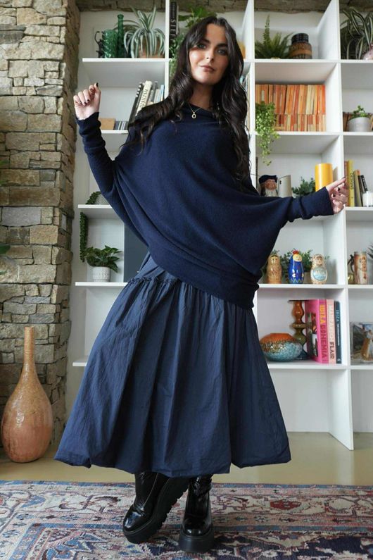 Huggle Asymmetric Draped Knit Jumper Navy 