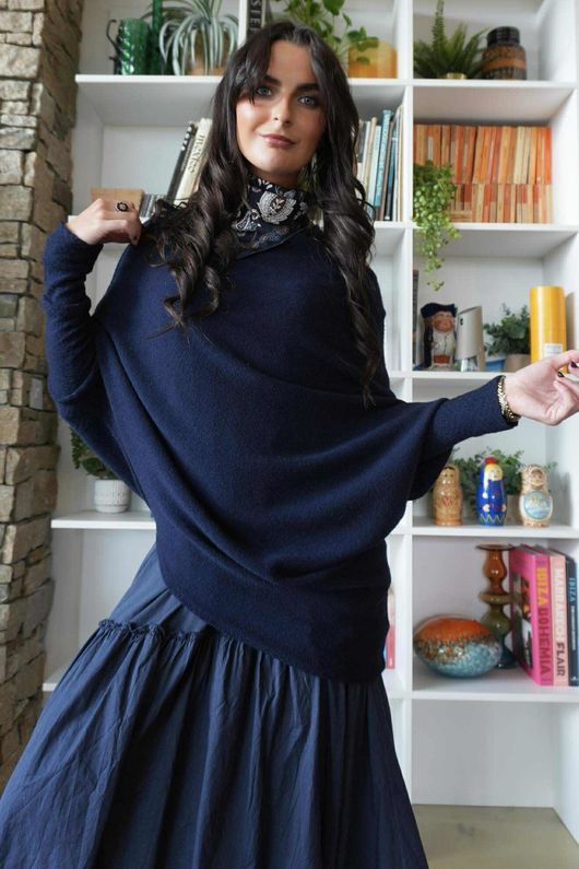 Huggle Asymmetric Draped Knit Jumper Navy 