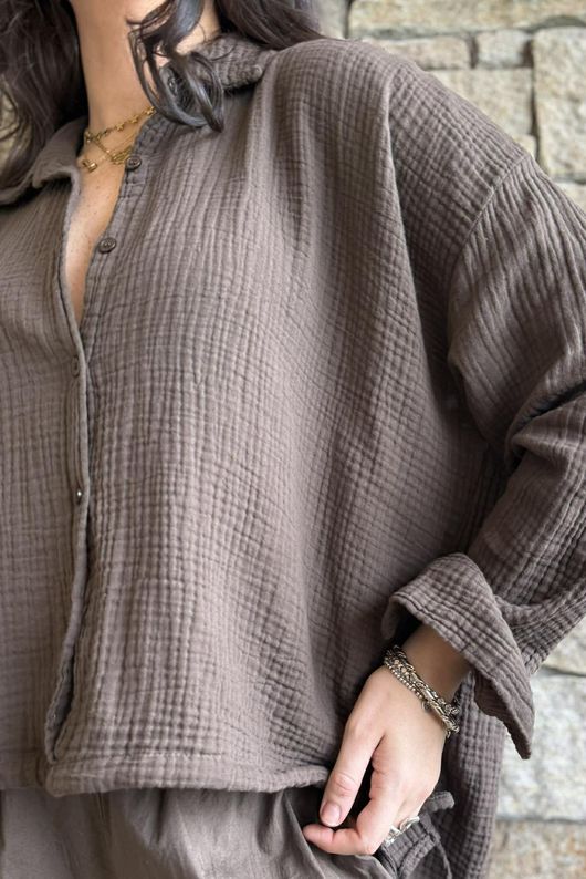 Hush Pillow Cotton French Tuck Shirt Chocolate
