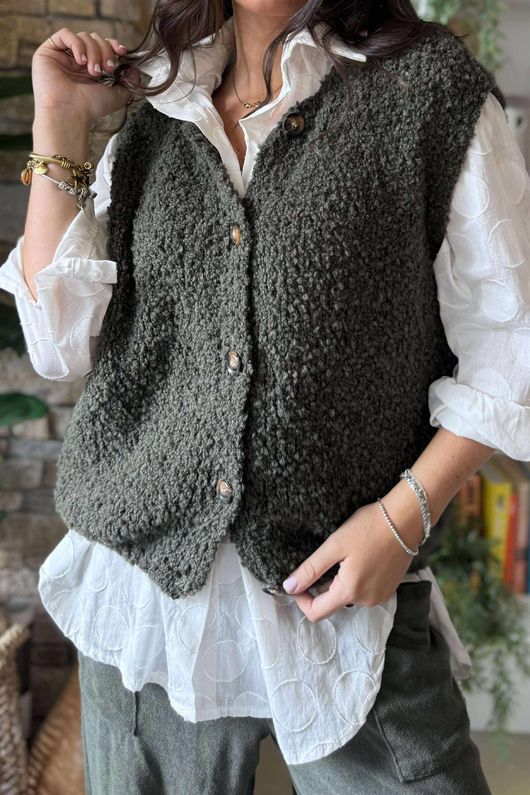 Hygge Boucle Knit Gilet Khaki