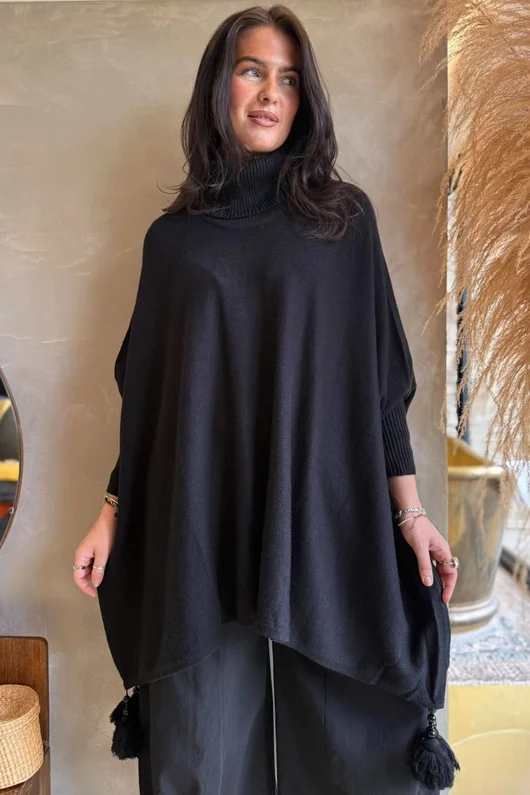 Iggy Cowl Neck Tassel Blanket Knit Black