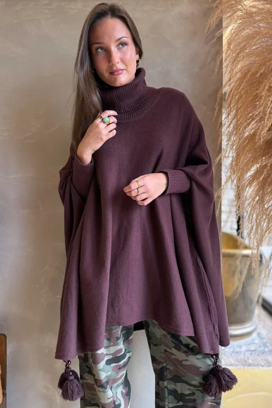 Iggy Cowl Neck Tassel Blanket Knit Maroon 