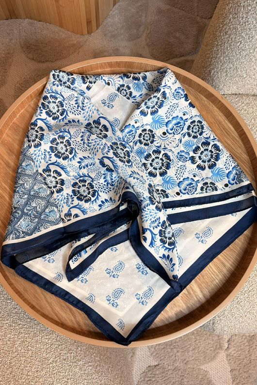 Indira Patchwork Silky Blend Square Scarf Blue /20=