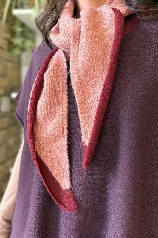Jonti Border Knit Neckerchief Scarf Soft Dusky Rose & Burgundy