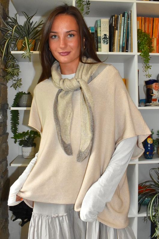 Jonti Border Knit Neckerchief Scarf Oatmeal & Mocha