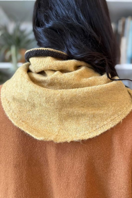 Jonti Border Knit Neckerchief Scarf Soft Ochre & Chocolate