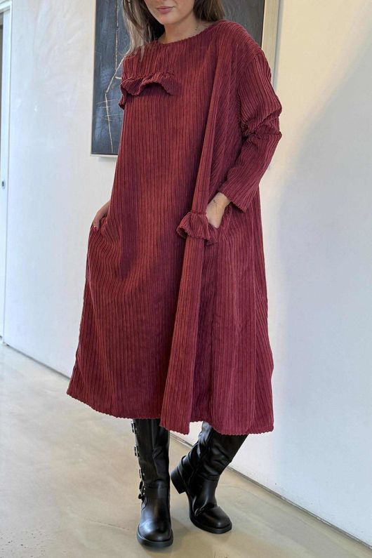 Jumbo Cord Ruffle Sac Dress Maroon /18 