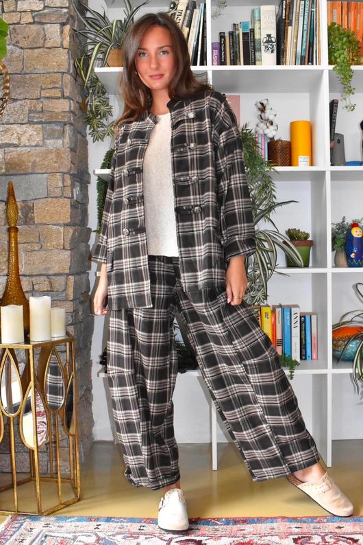 Keaton Plaid Tuck Barrel Pant Coffee Bean