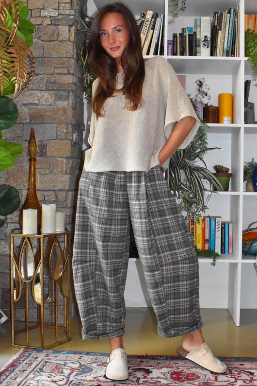 Keaton Plaid Tuck Barrel Pant Steel