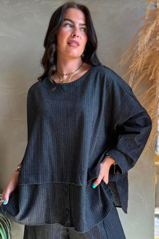 Kingsley Herringbone Scuba Lazy Layer Top Black 