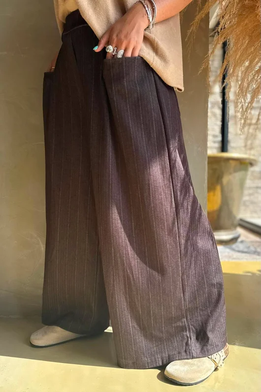 Kingsley Herringbone Scuba Wide Leg Pant Chocolate