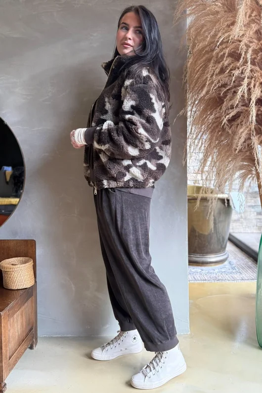 Kit Camo Sherpa Funnel Neck Bomber Jacket Coffee Bean