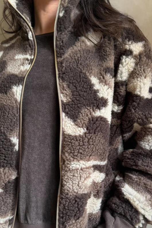 Kit Camo Sherpa Funnel Neck Bomber Jacket Coffee Bean