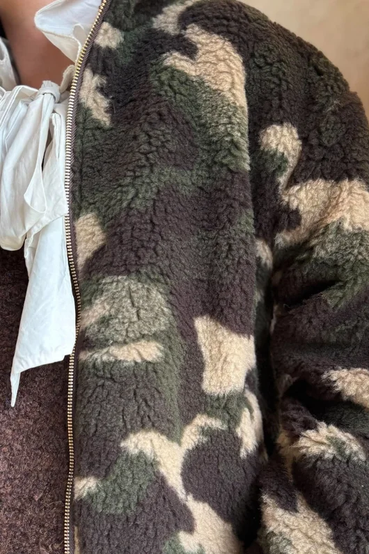 Kit Camo Sherpa Funnel Neck Bomber Jacket Khaki