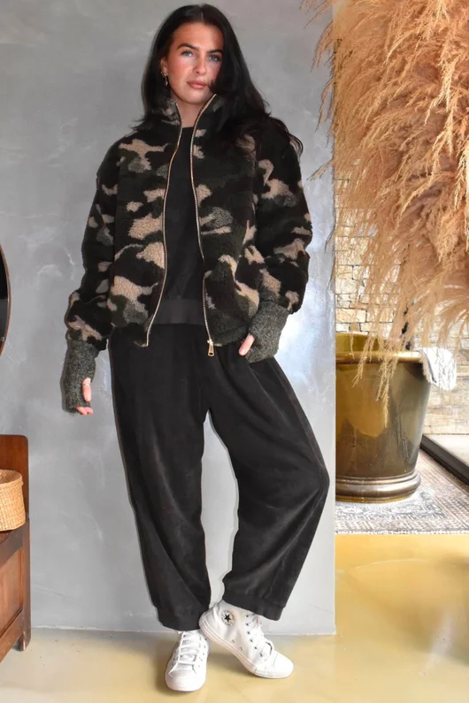Kit Camo Sherpa Funnel Neck Bomber Jacket Khaki
