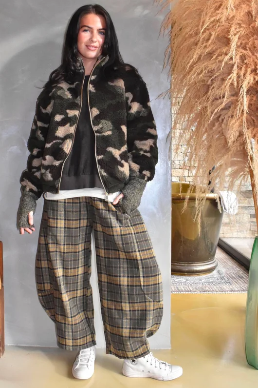 Kit Camo Sherpa Funnel Neck Bomber Jacket Khaki