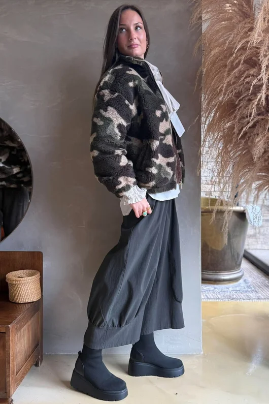 Kit Camo Sherpa Funnel Neck Bomber Jacket Khaki