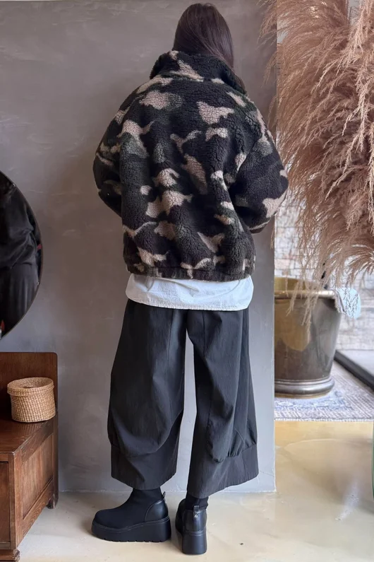 Kit Camo Sherpa Funnel Neck Bomber Jacket Khaki